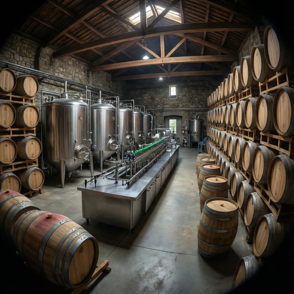 Large home winery room with barrels fermentation tanks and bottling station