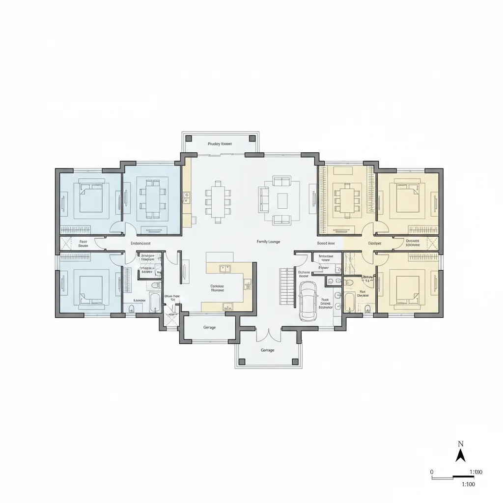 Large house floor plan diagram highlighting public private and service zones
