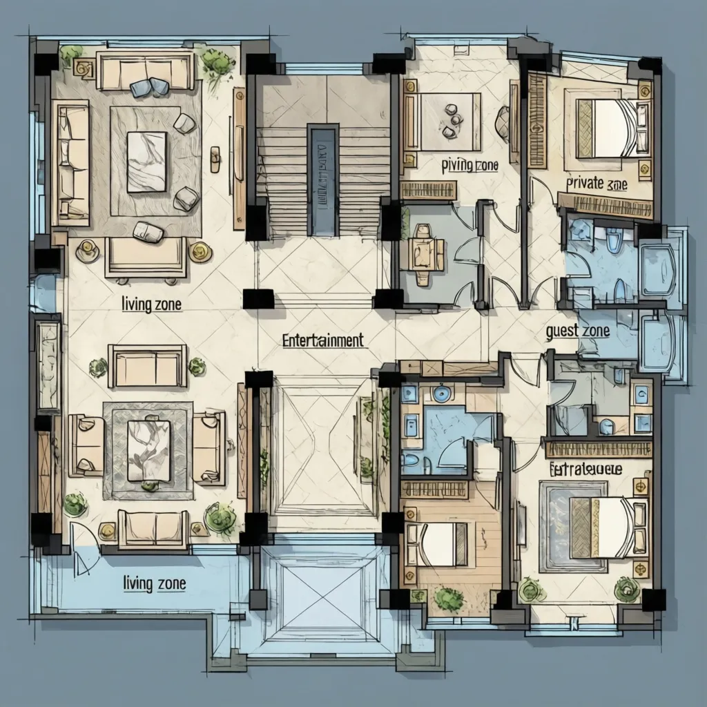 Concept diagram showing zoning layout in a large luxury home