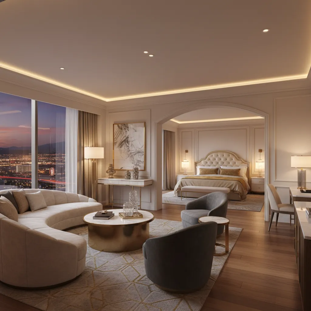 Large hotel suite with separate living room and bedroom