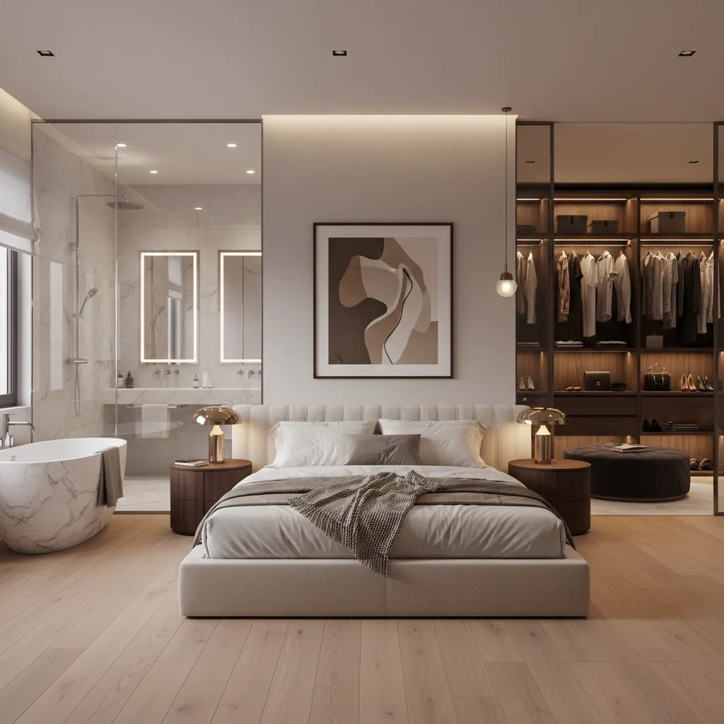 Luxury bedroom with attached bathroom layout in a modern large home