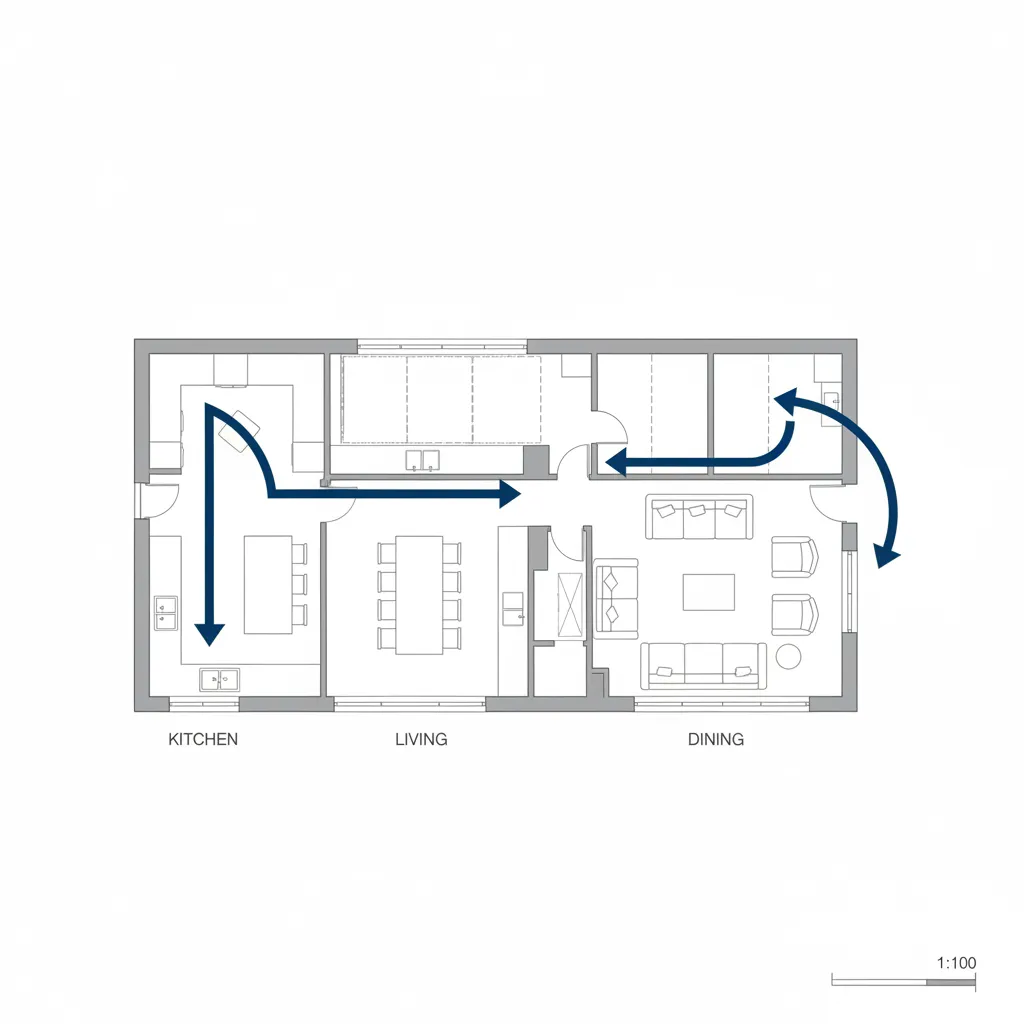 Large home floor plan showing circulation paths between kitchen living and hallway areas