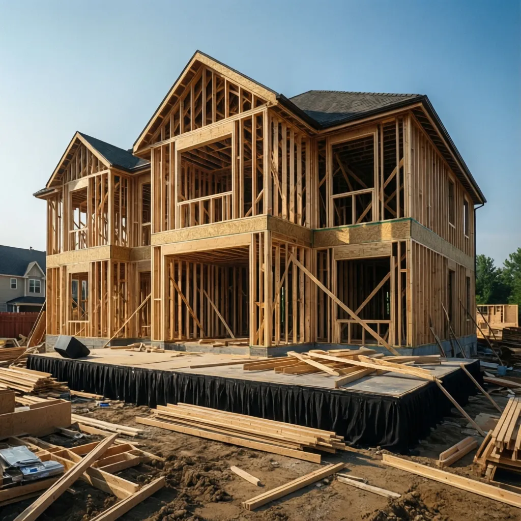 Wood framing stage of a large residential house under construction