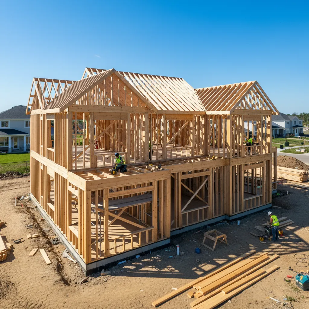 Large custom home construction site with framing and building materials