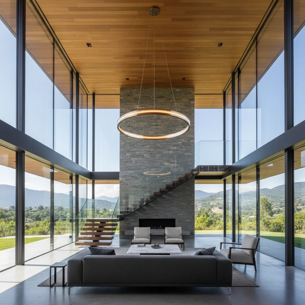 Spacious modern living room with large windows, stone wall, grey sofa, and round ceiling light