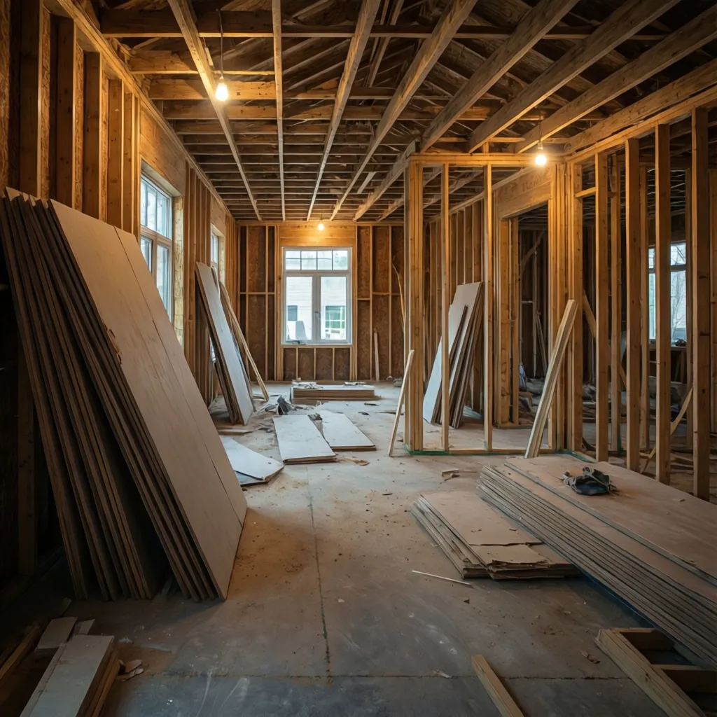 Interior of a large house under construction with drywall panels ready for installation