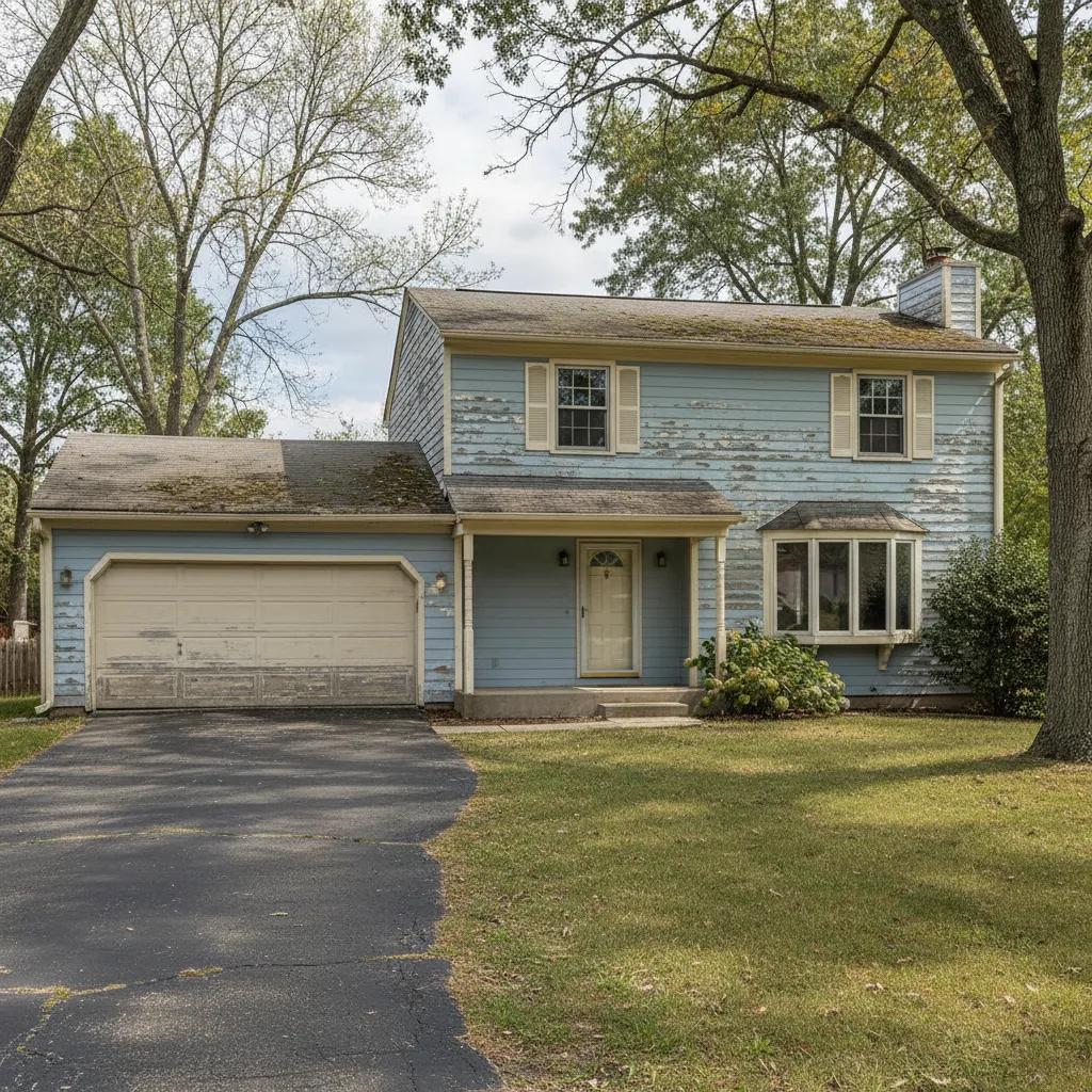 Large two story house exterior before repainting with visible fading paint