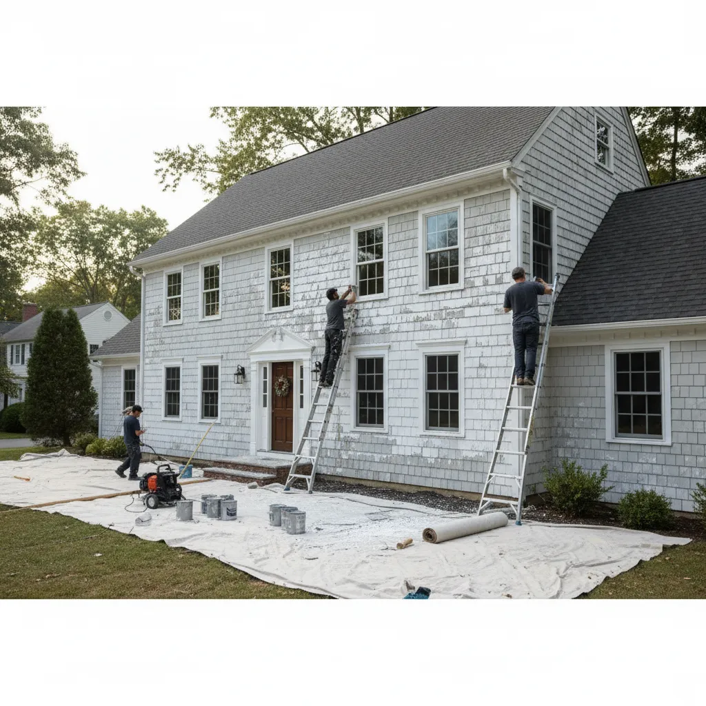 Exterior preparation work on a large house with scraping and sanding before painting