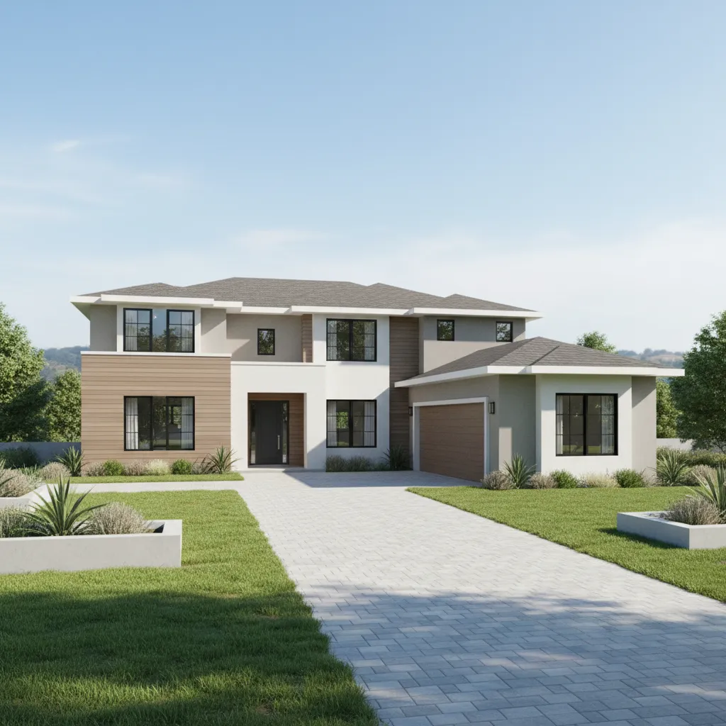 realistic rendering of large house exterior renovation with fresh paint