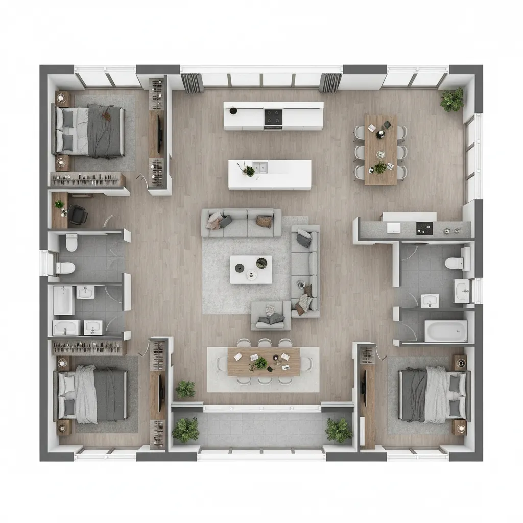 3D floor plan layout of a 3000 sq ft house showing living zones and room distribution