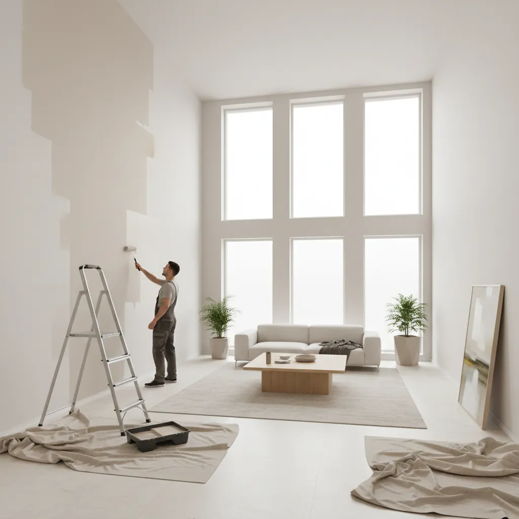 Homeowner painting interior wall in large house living room