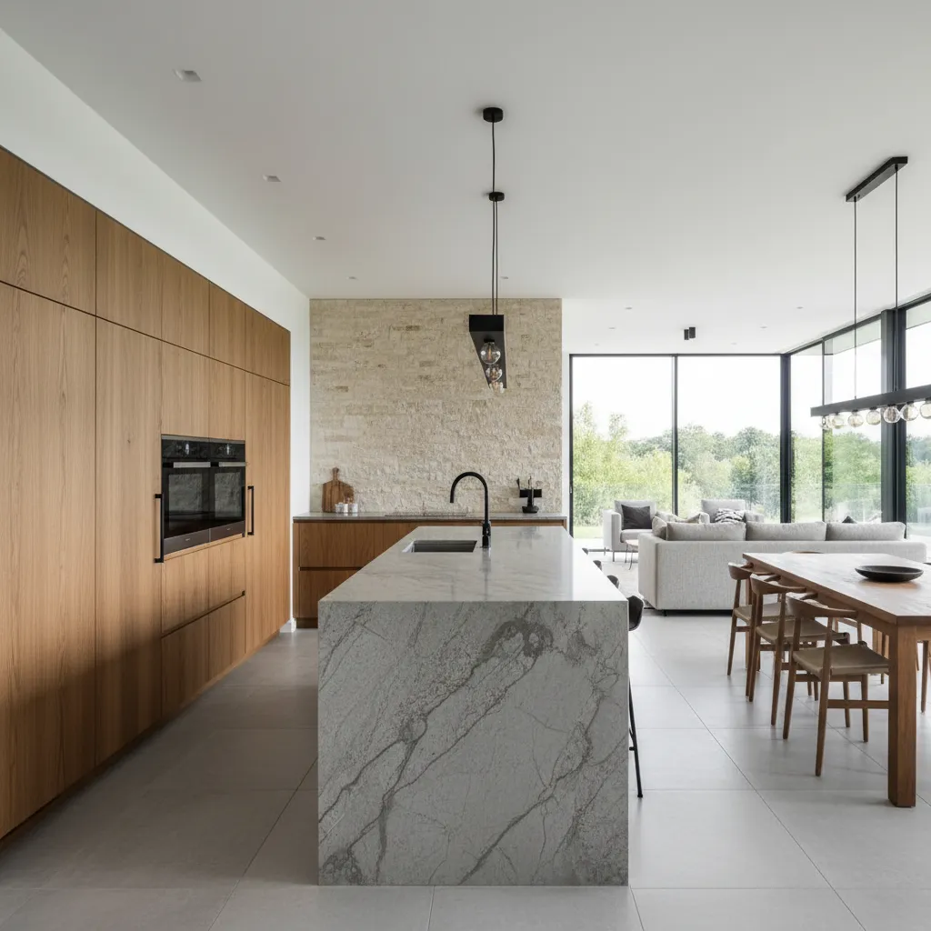 Modern kitchen with marble island, wooden cabinets, dining table, and open view to living room