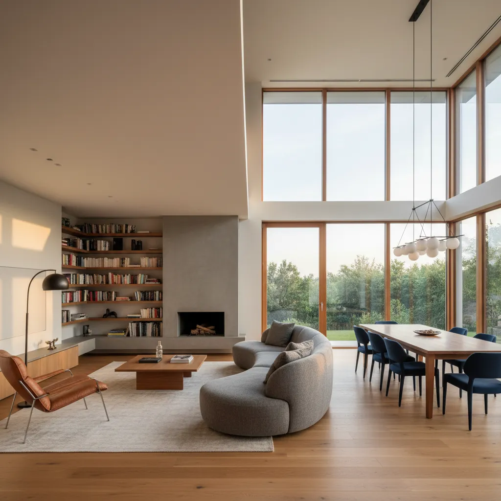 Modern living room with curved grey sofa, wooden dining table, large windows, and a fireplace
