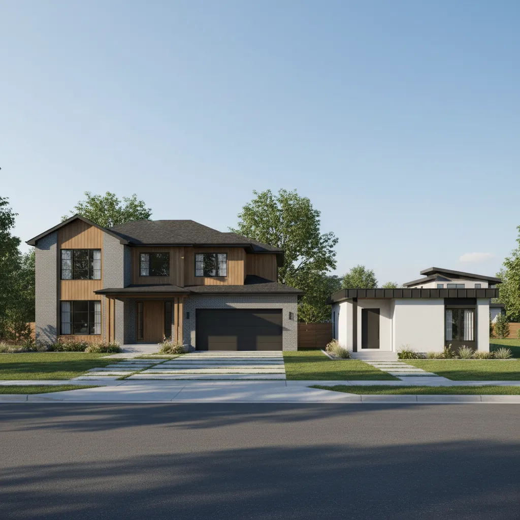 Visual scale comparison between a large suburban house and a small modular home