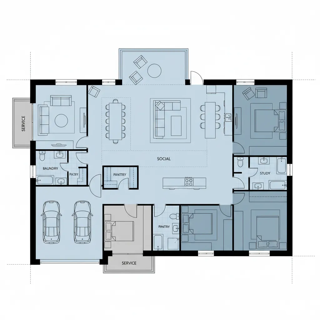 Large house floor plan showing a social area, two-car garage, three bedrooms, and dining space
