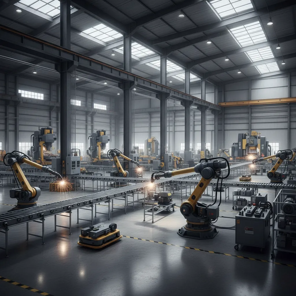 large industrial facility visualization with machines and building structure visible