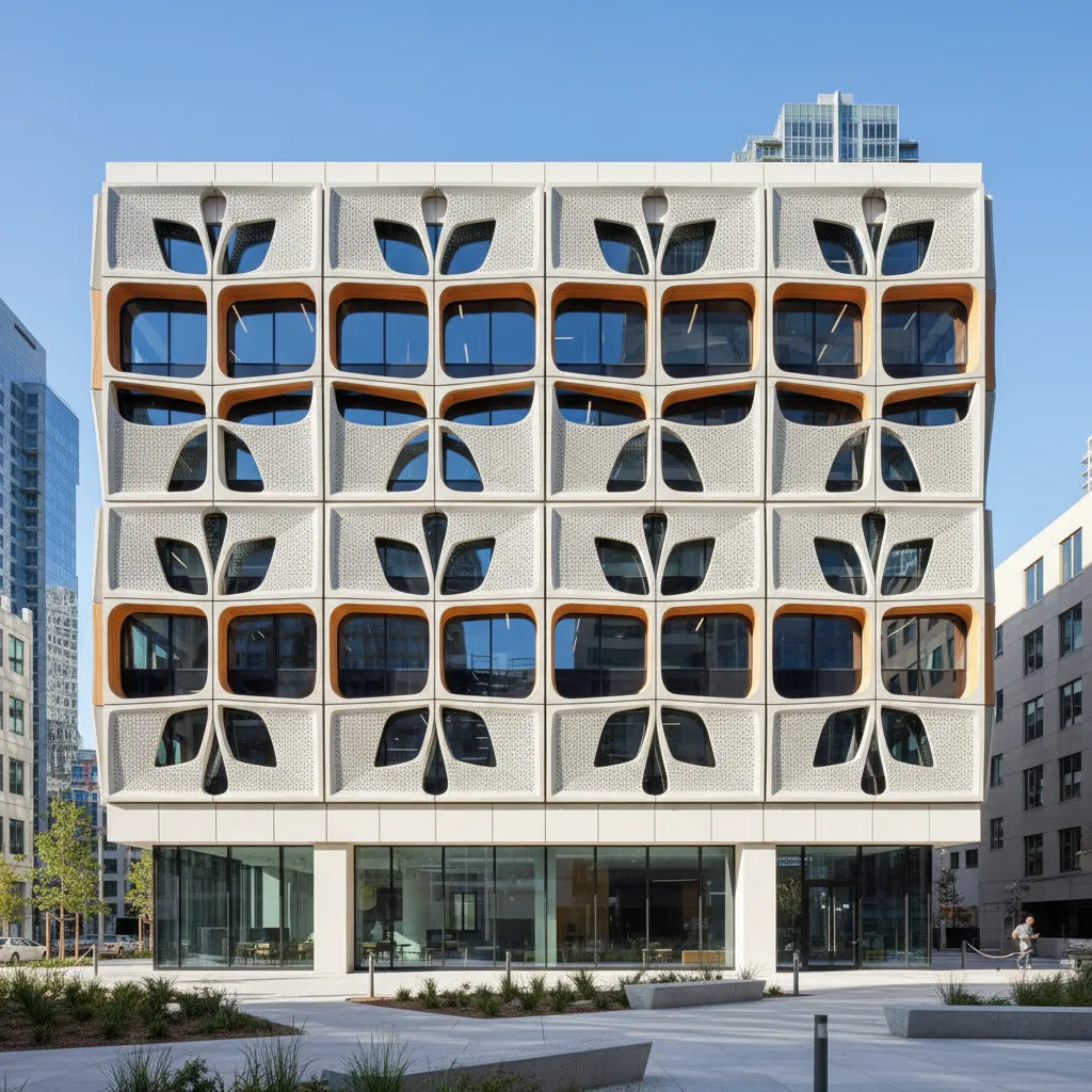 modern building facade covered with parametric jali lattice shading panels