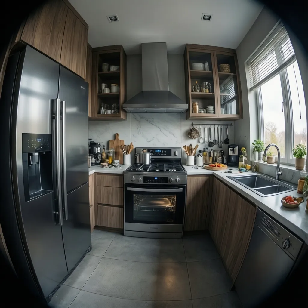 Kitchen showing refrigerator oven cooktop and dishwasher layout
