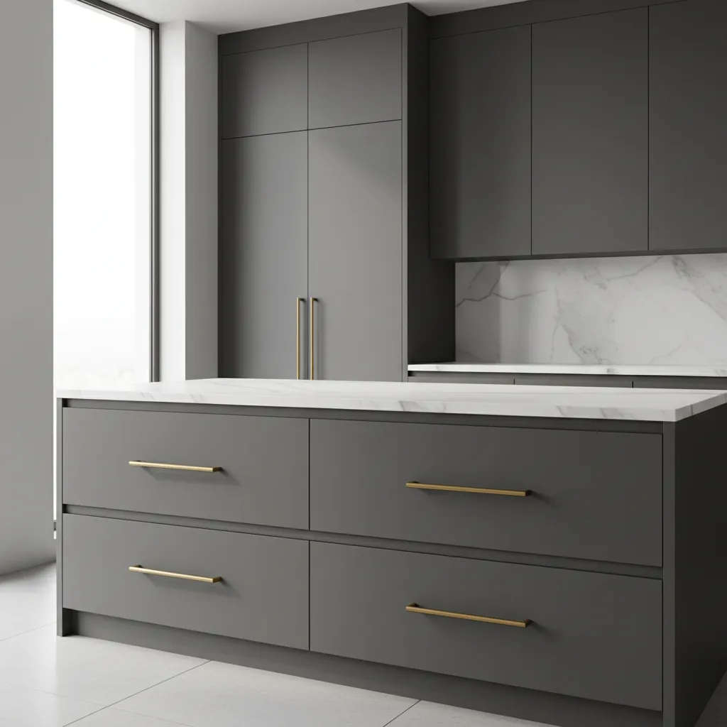 Wide kitchen drawer with dual cabinet pulls for balanced hardware placement