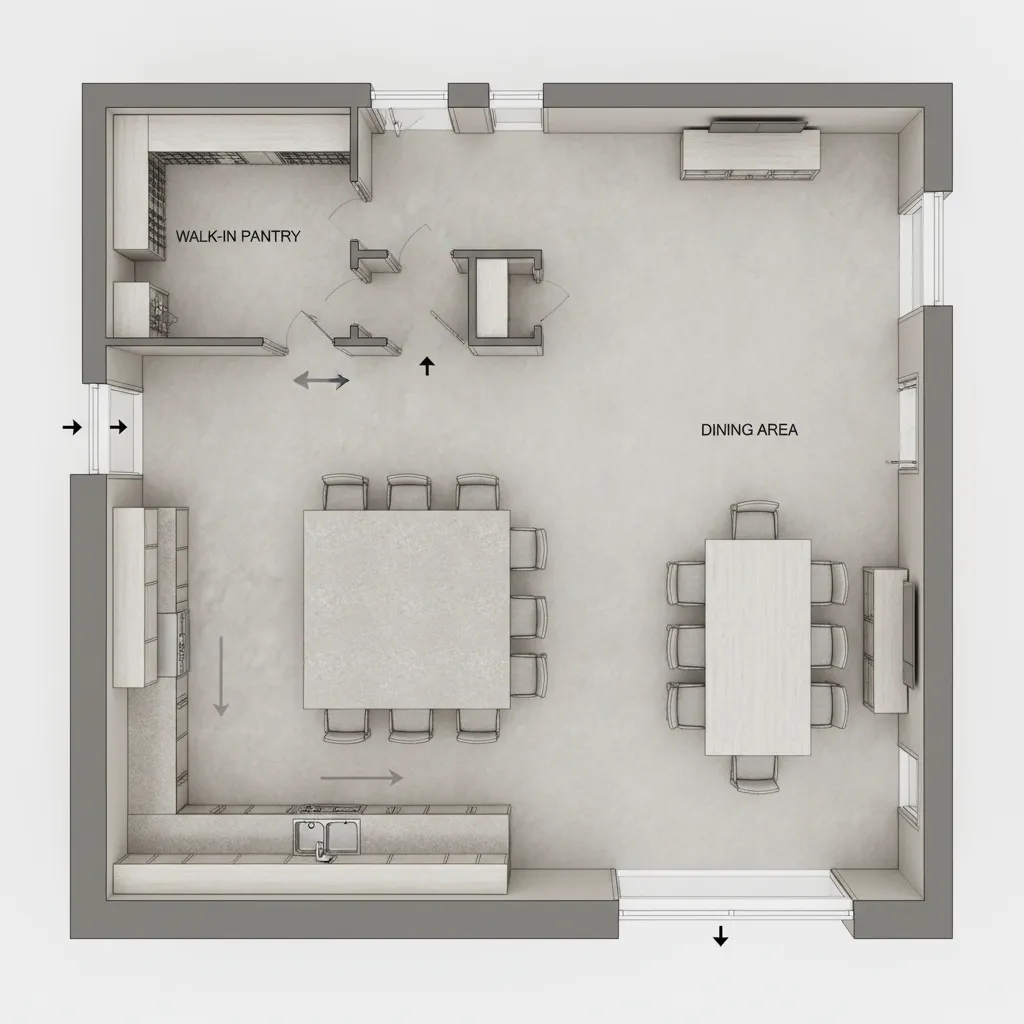 Architectural floor plan showing large kitchen and walk-in pantry layout