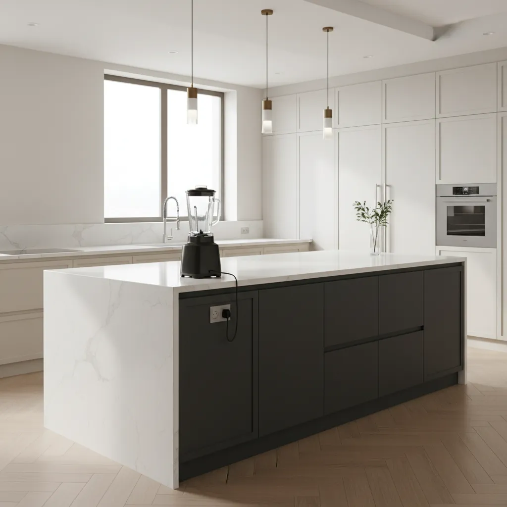 Large kitchen island with blender plugged into accessible outlet