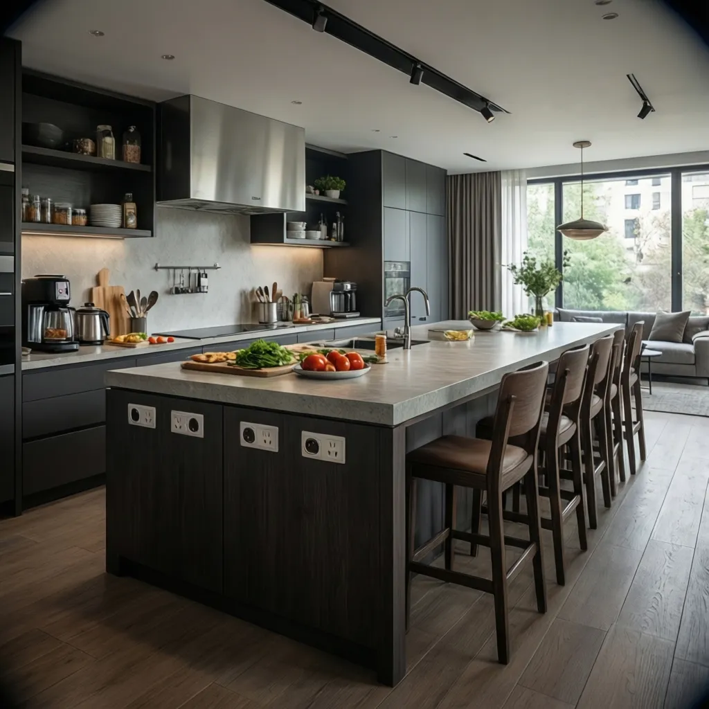 Large kitchen island showing multiple electrical outlet zones along the sides