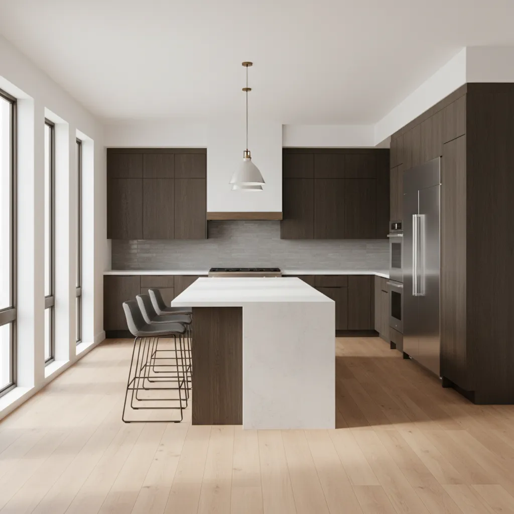 Large kitchen island with balanced proportions and seating area