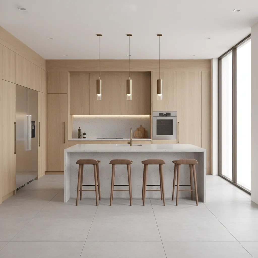 modern kitchen island with four bar stools in an open concept kitchen