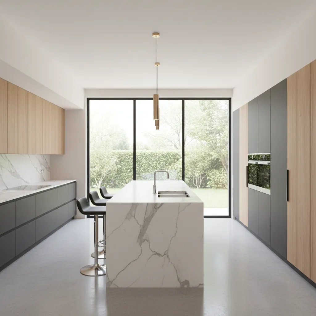 large kitchen island with main sink and seating