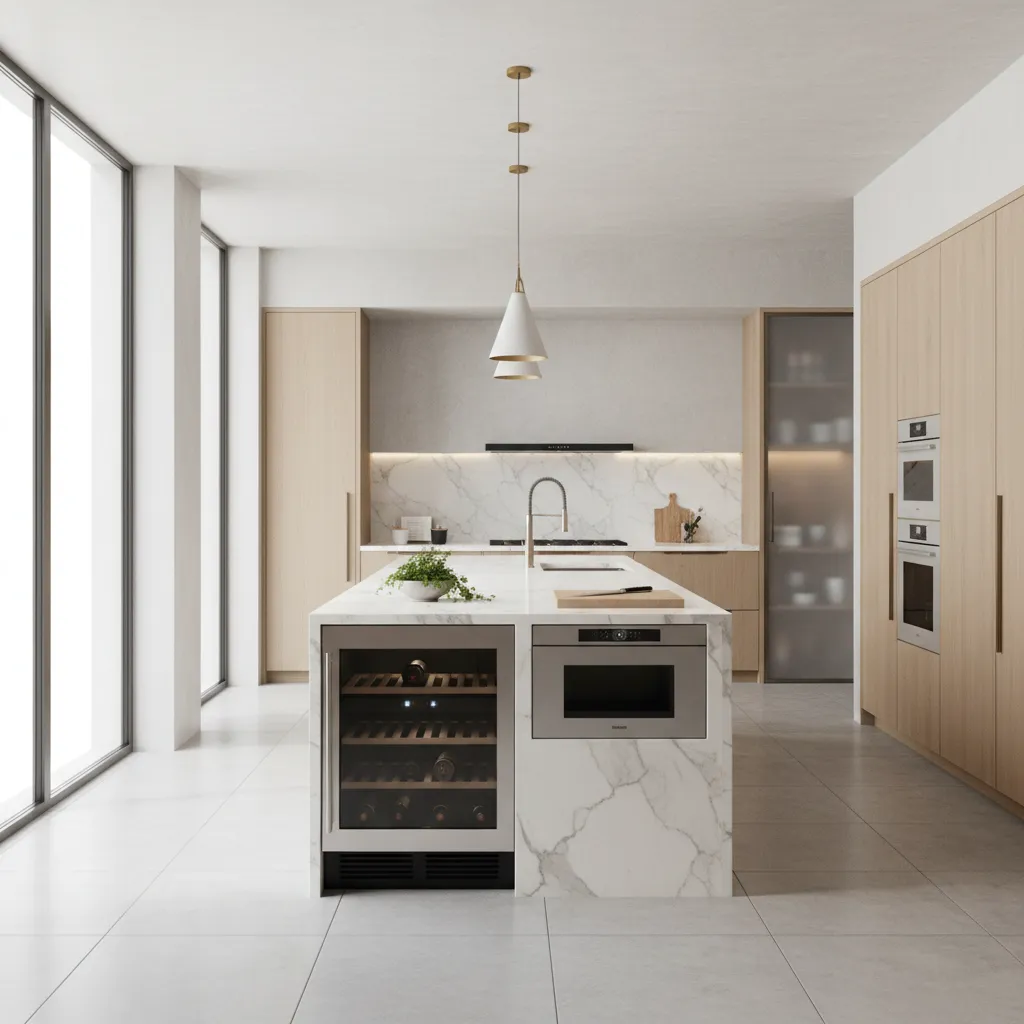 Large kitchen island with appliance placement supporting workflow