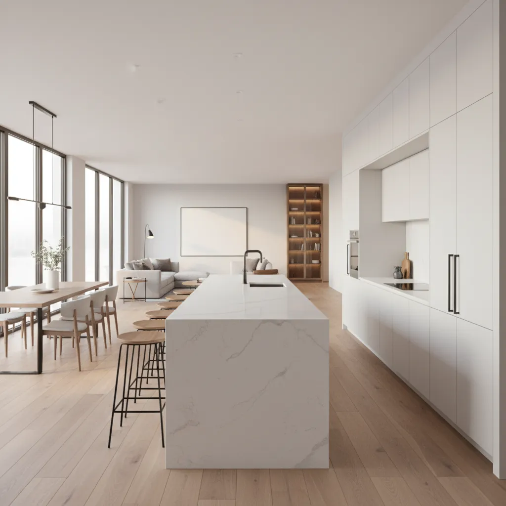 Spacious kitchen layout featuring a long central island and open floor plan