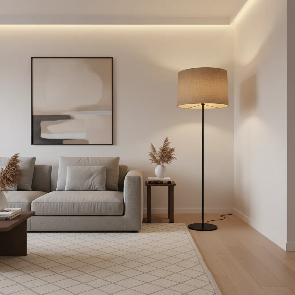 Modern living room corner featuring grey sofa and tall floor lamp beside a side table