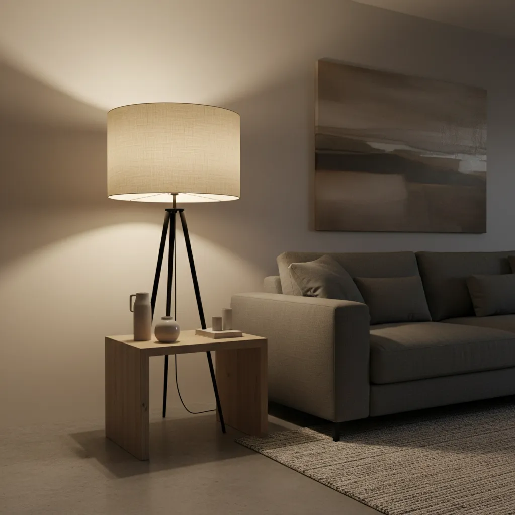 Modern tripod floor lamp lighting up a grey sofa and wooden side table within room
