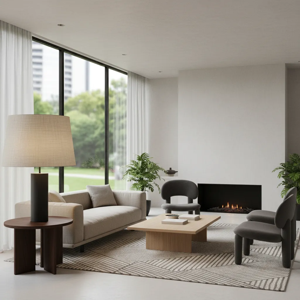 Modern living room with sofa coffee table armchairs rug fireplace large windows and table lamp