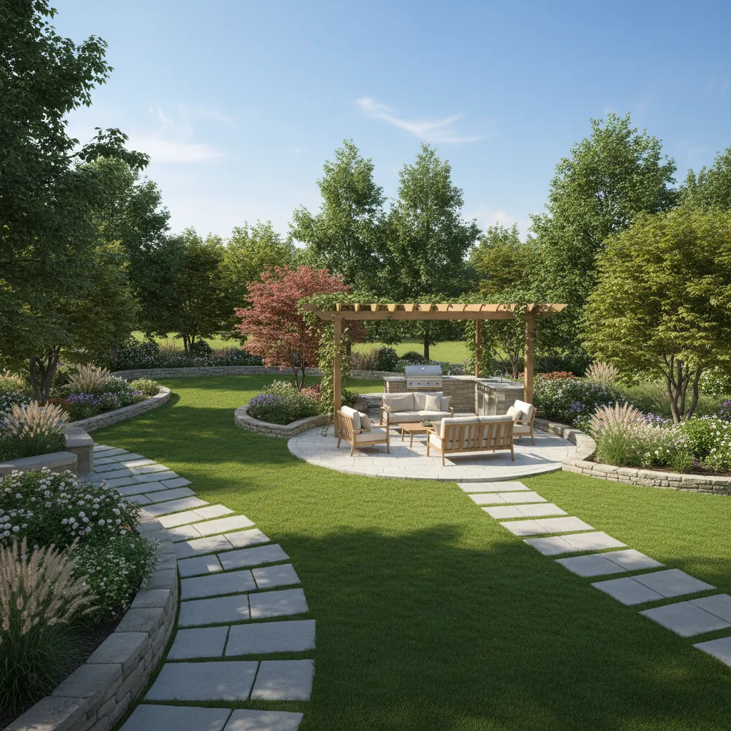 Large 3D landscape rendering scene with terrain trees pathways and outdoor structures