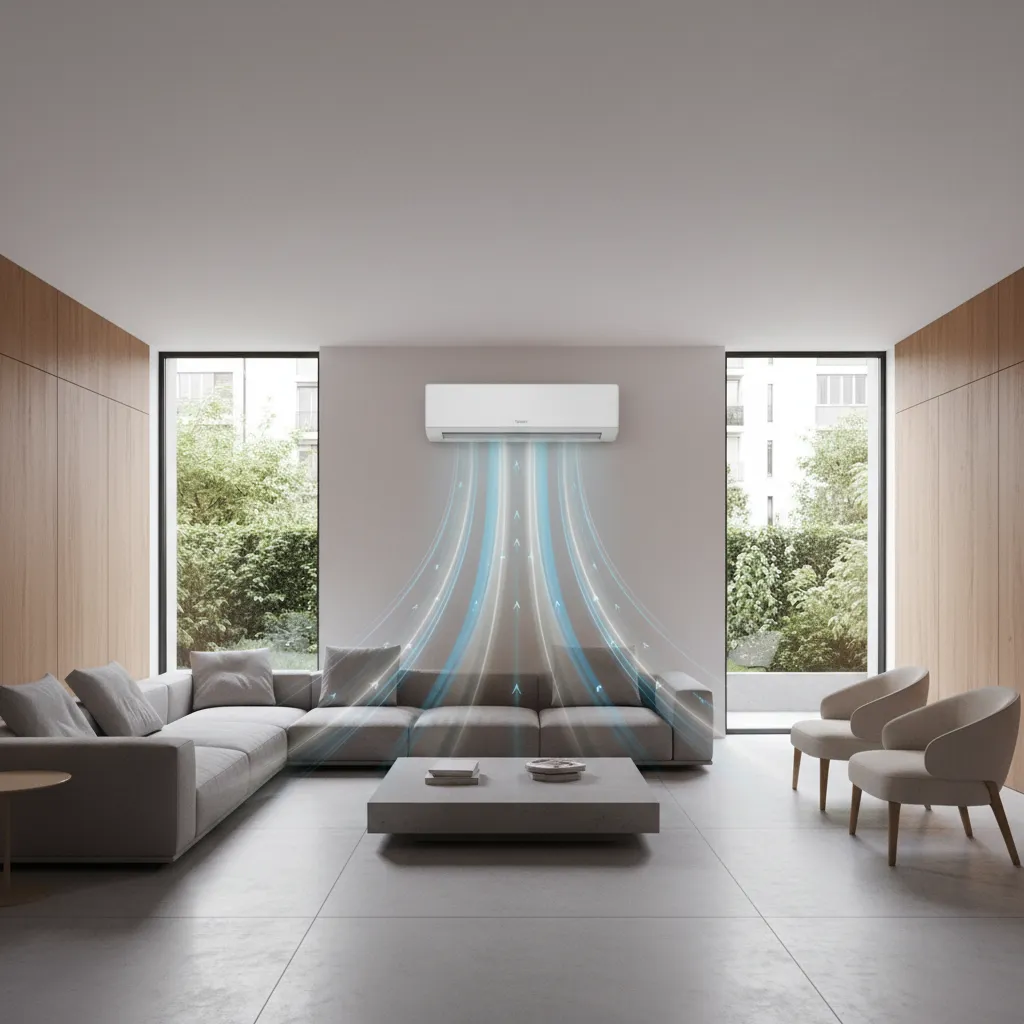 Large living room layout showing air conditioner airflow across seating area