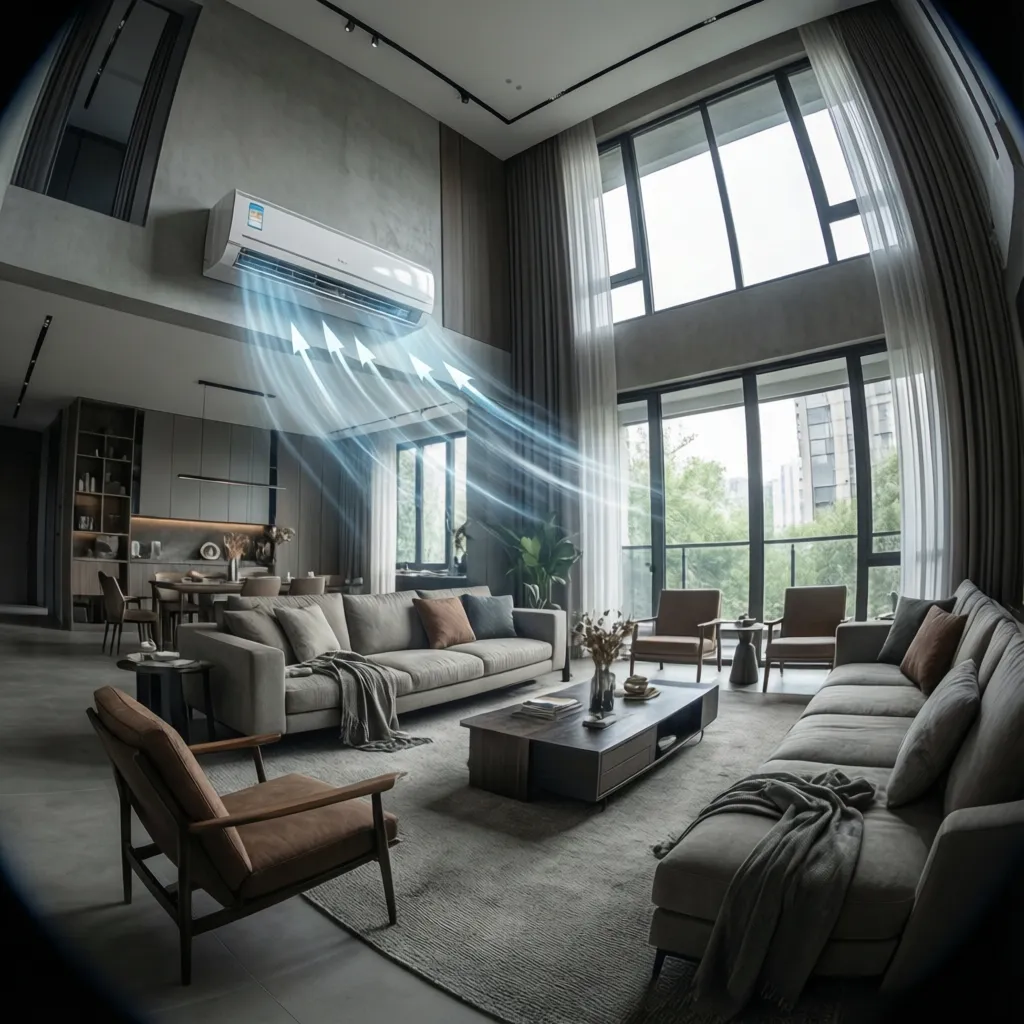 Spacious living room with wall mounted AC unit showing airflow coverage across the room