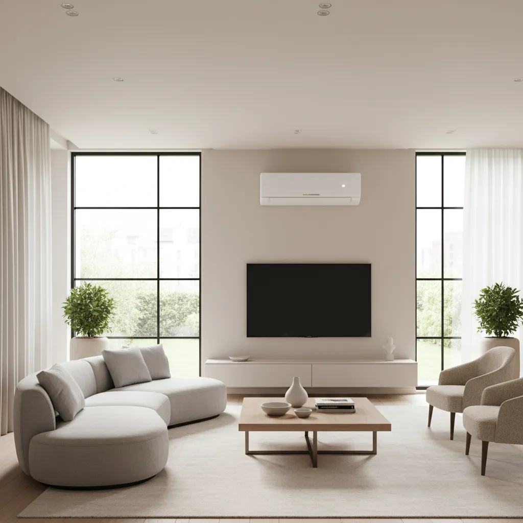 Spacious modern living room with split air conditioner mounted above seating area