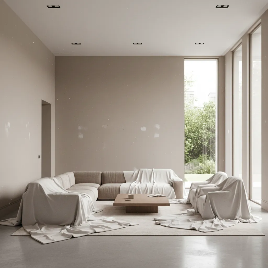 large living room interior with neutral walls before repainting project