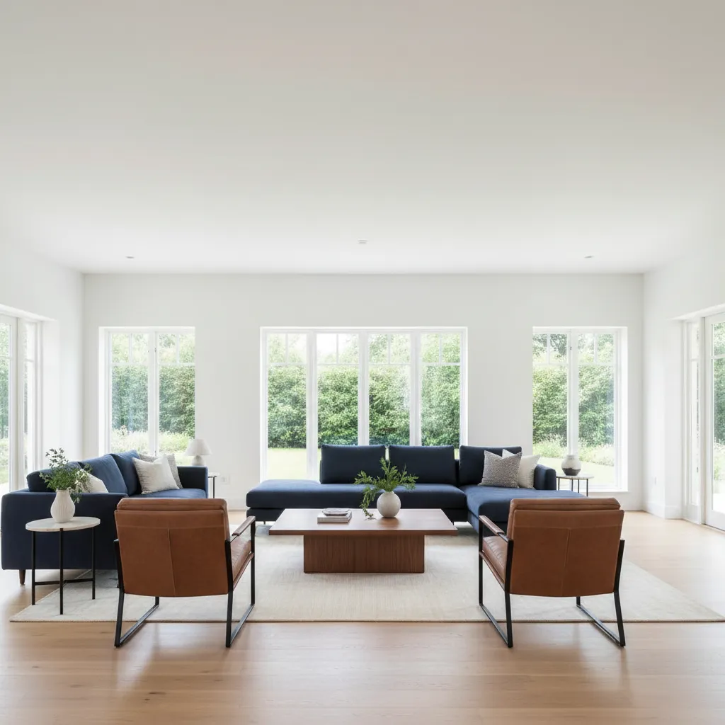 large living room with navy sofa brown leather seating and wood tables showing balanced palette