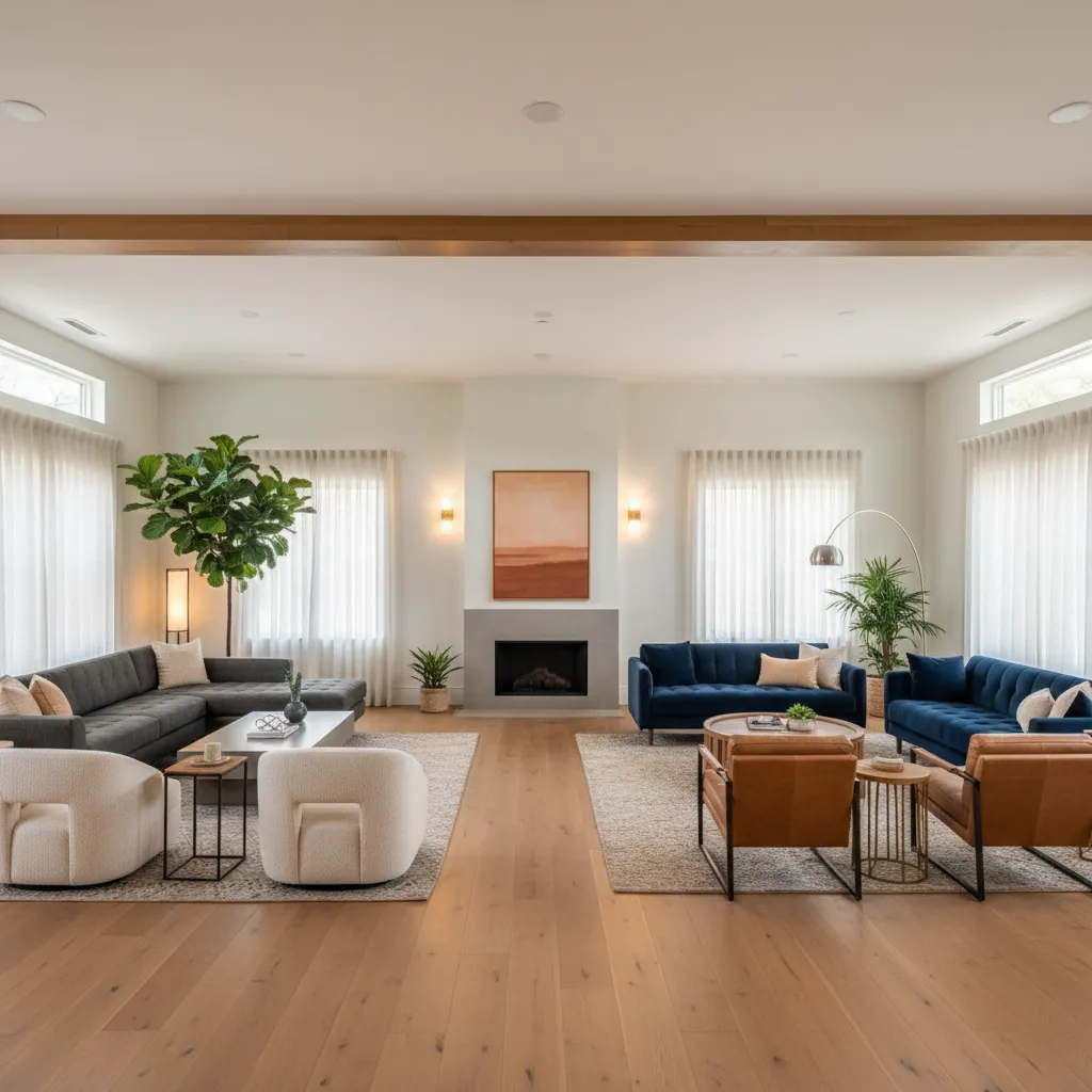 two conversation zones in a large living room separated by rugs and furniture