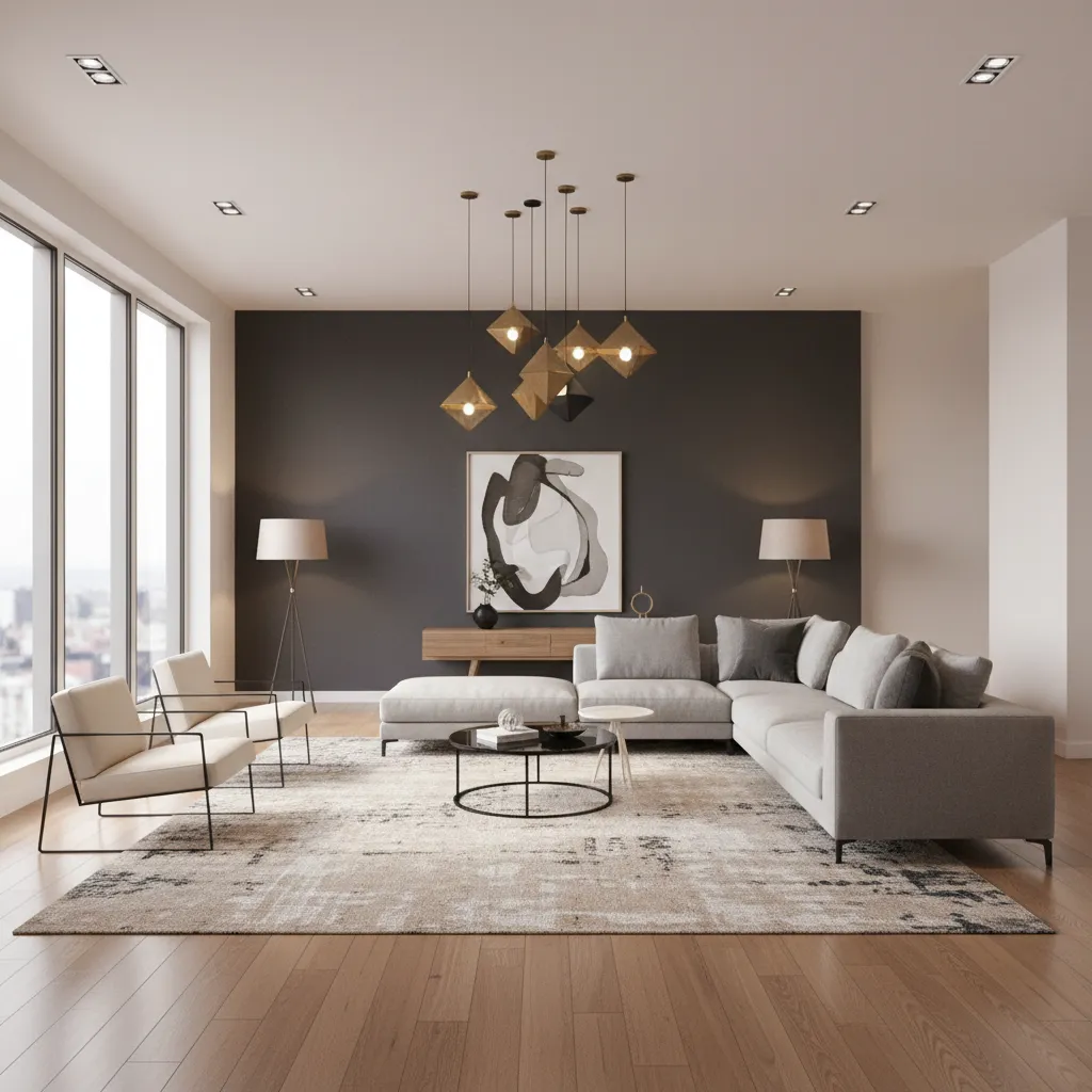 Large living room with dark charcoal feature wall and neutral furniture layout