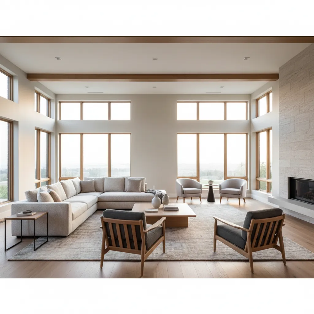Spacious modern living room with large windows wooden ceiling beams corner sofa armchairs and fireplace