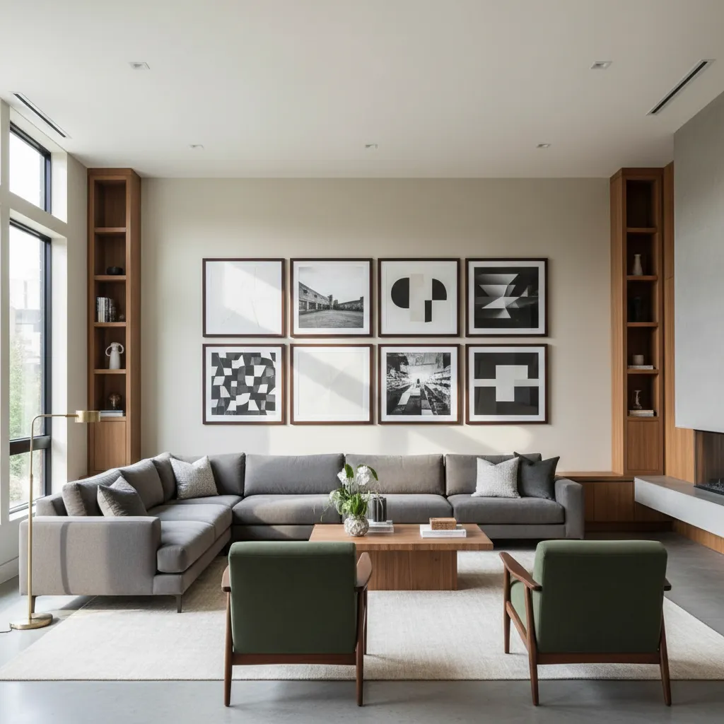wide eight frame gallery wall scaled for a large living room wall with larger frames