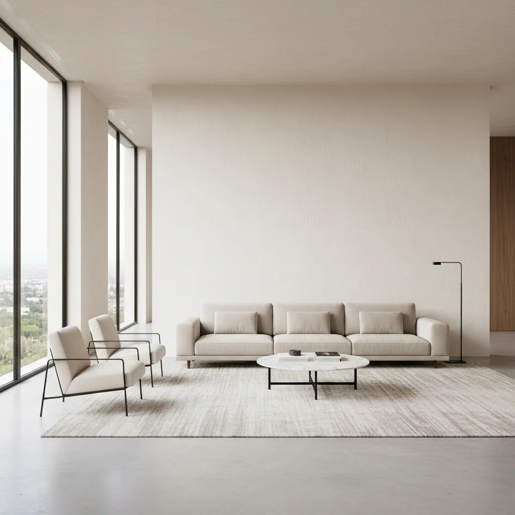 Spacious living room with large blank wall behind sofa