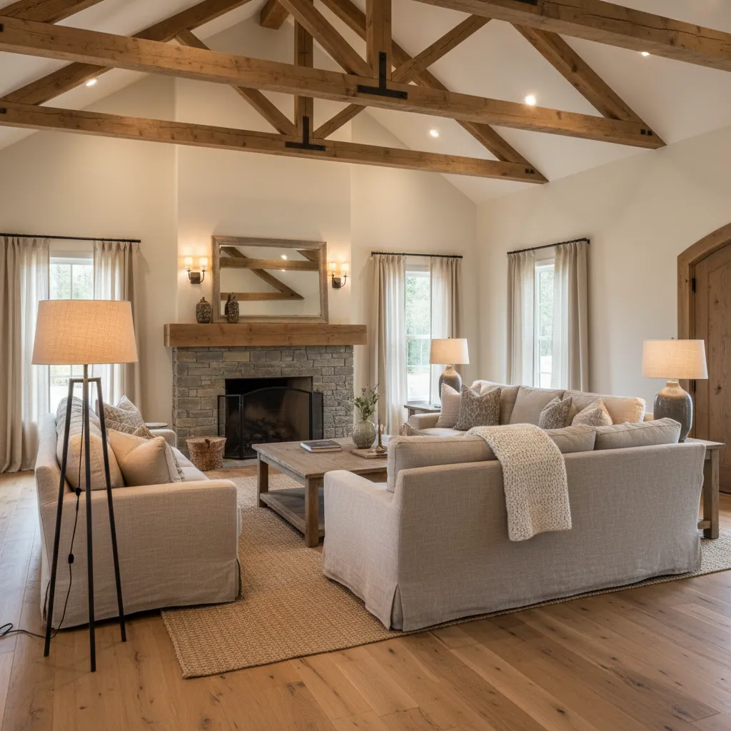 large farmhouse living room with tall rustic floor lamp