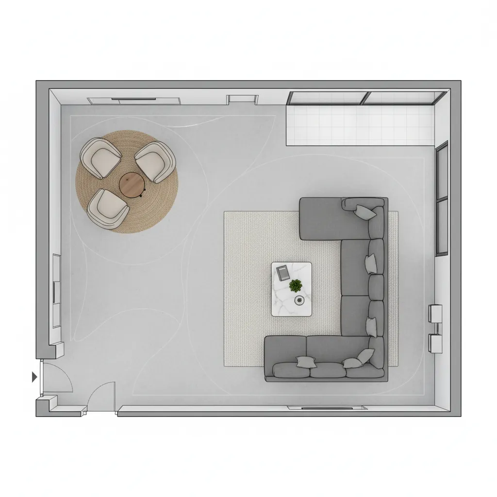 top view floor plan showing zones in a 700 sq ft living room