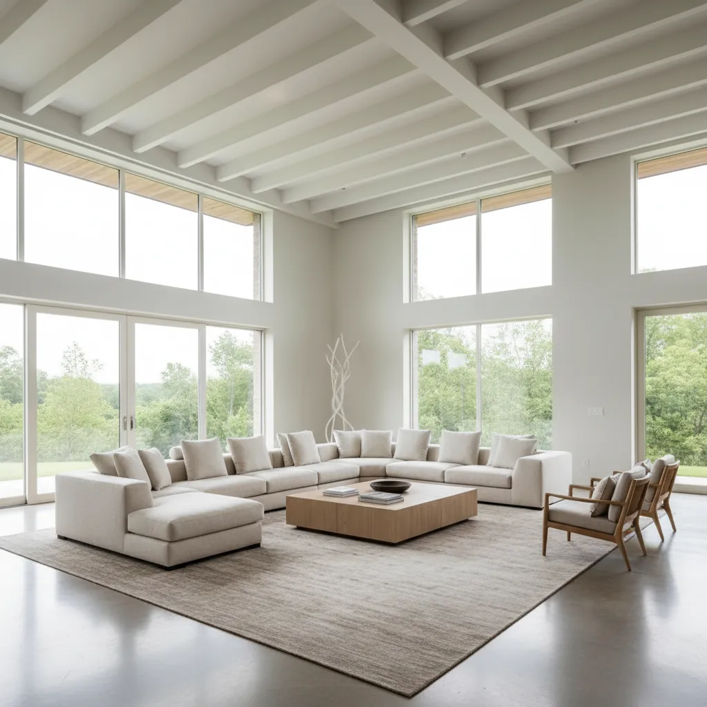 large sectional sofa and oversized coffee table in spacious living room