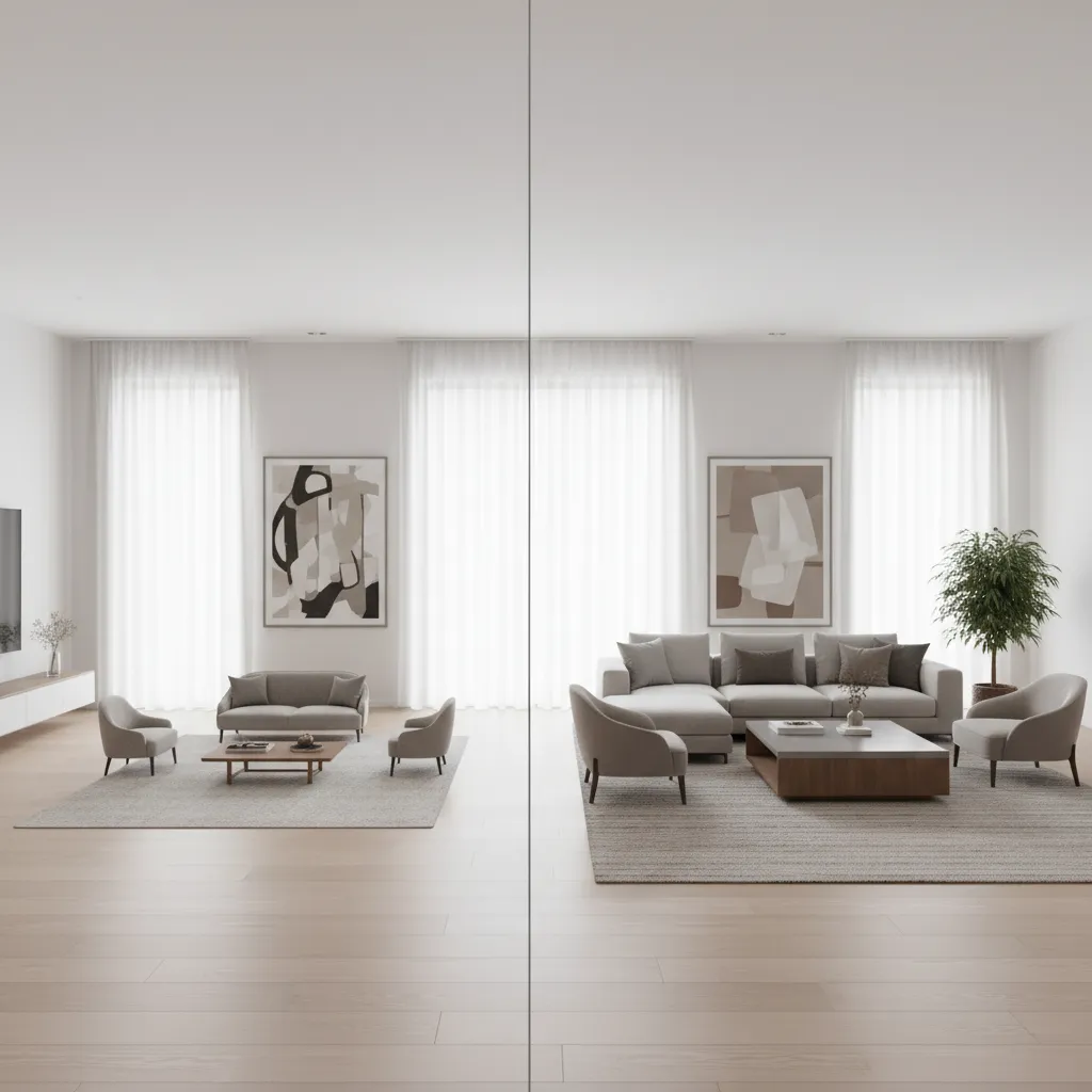 comparison of small furniture versus properly scaled furniture in large living room