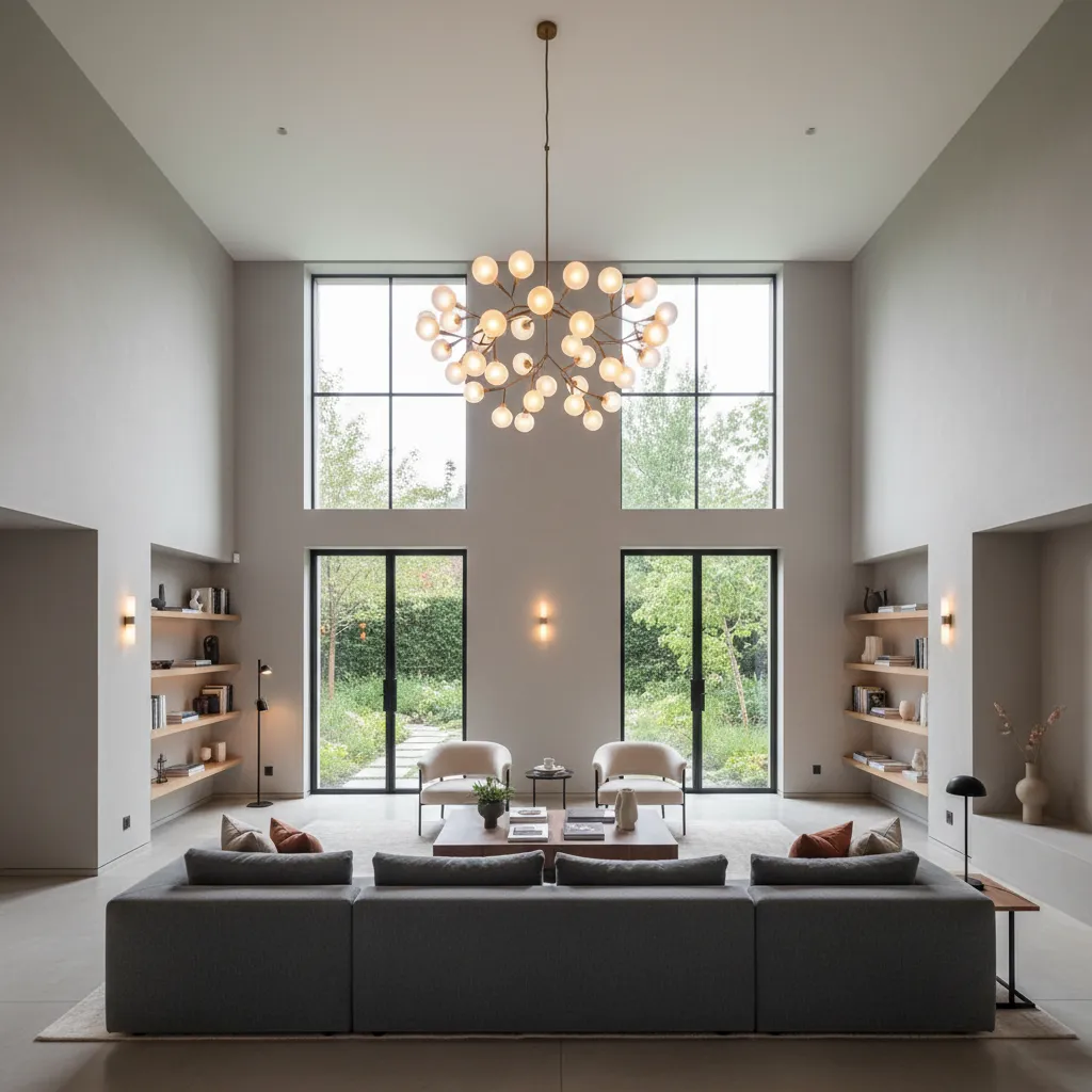 spacious living room with high ceiling and chandelier lighting